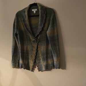 Vintage Dressbarn Cozy Green and Brown Shawl Collar Cardigan